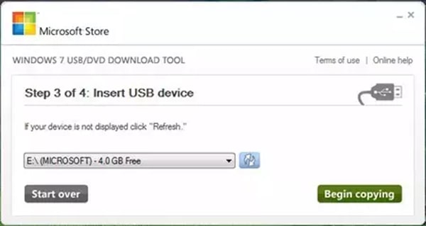 Windows 7 USB Download Tool - insert USB Device