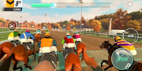 Third-person perspective from behind racehorses